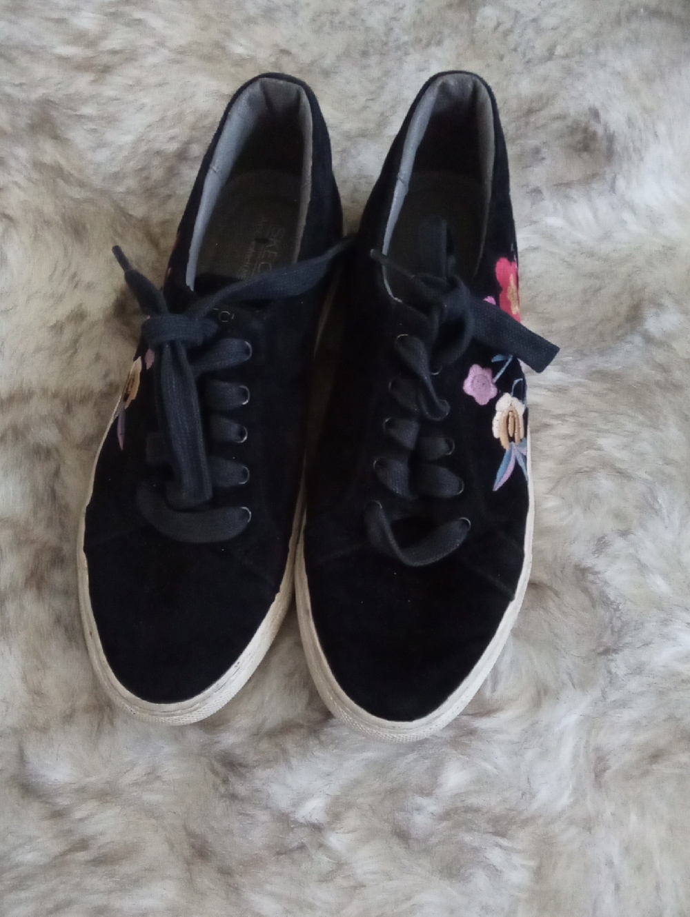 Skechers Black Lace-Up Sneakers with Pink & Cream Floral Embroidery
